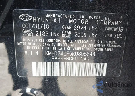 2019 Hyundai Elantra Se z USA, uszkodzony, nr VIN KMHD74LF5KU805844